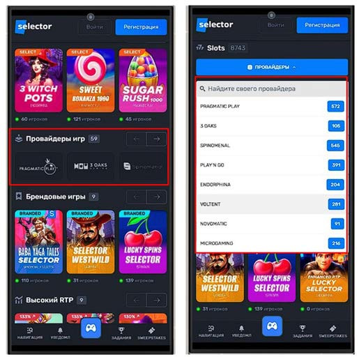 Провайдеры в Selector Casino